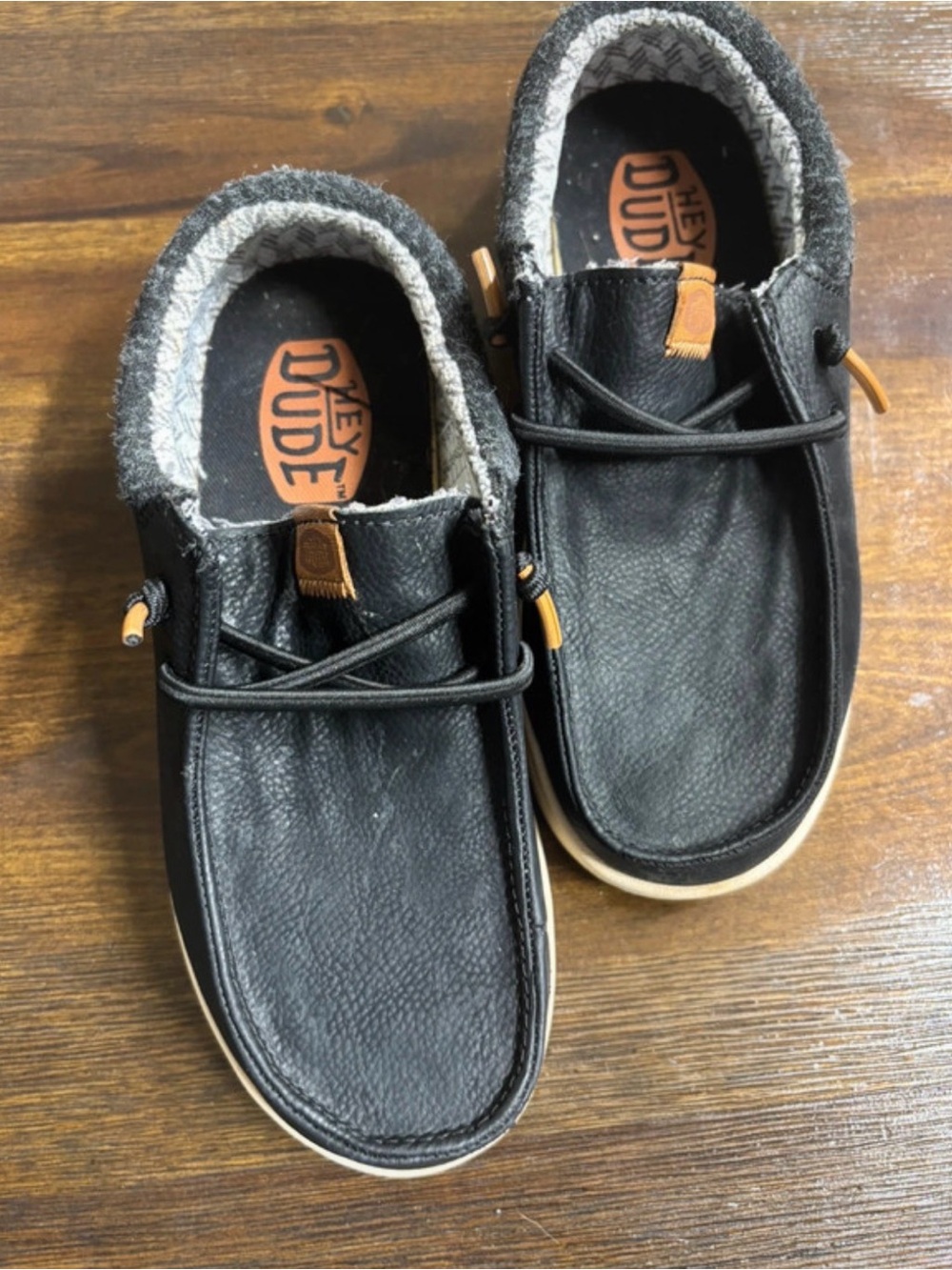 Hey Dude Kids Black Moccasin with Tan Pull Tabs